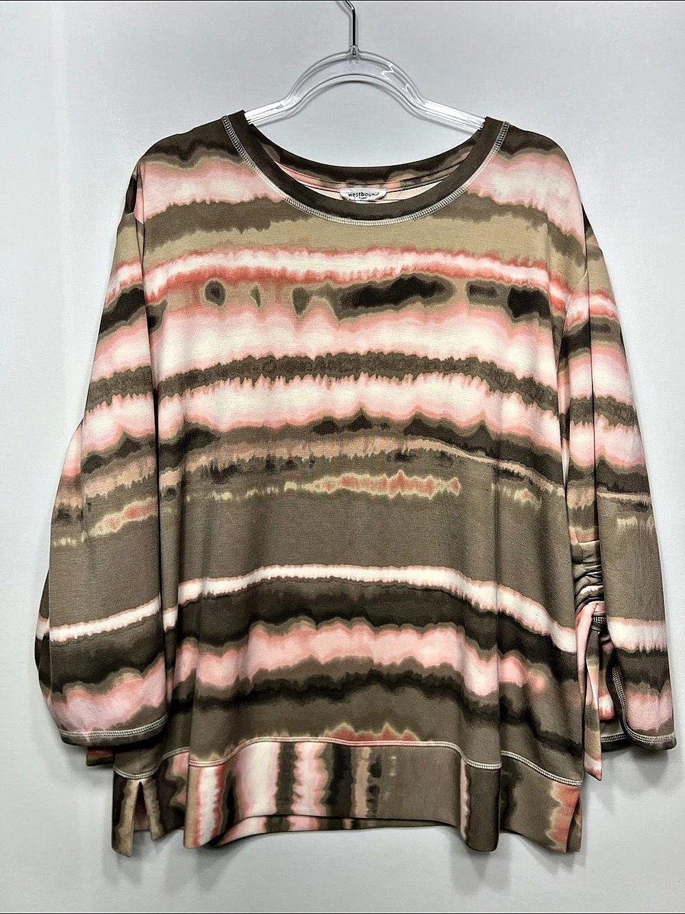 Westbound Abstract Long Sleeve Top in Brown & Pink 1X Like New
